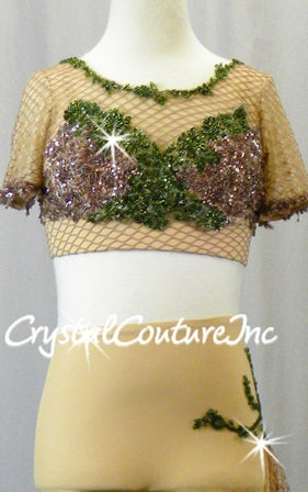 Custom Nude Net Crop Top & Trunks with Brown & Green Beaded Appliques