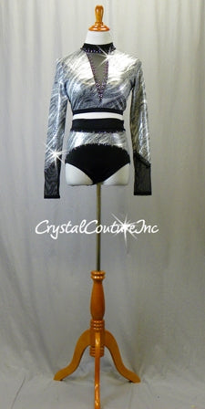 Silver and Black Patterned Long Sleeve Top and Trunks - Swarovski Rhinestones