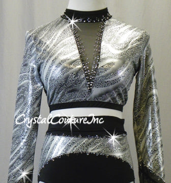 Silver and Black Patterned Long Sleeve Top and Trunks - Swarovski Rhinestones