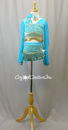 Turquoise Mesh and Lace Long Sleeve Top and Skirt/Trunk with Gold Beads - Swarovski Rhinestones