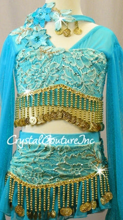 Turquoise Mesh and Lace Long Sleeve Top and Skirt/Trunk with Gold Beads - Swarovski Rhinestones