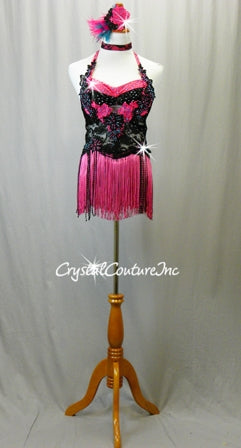 Black Floral Lace Leotard with Pink Accents/Fringe Skirt - Swarovski Rhinestones