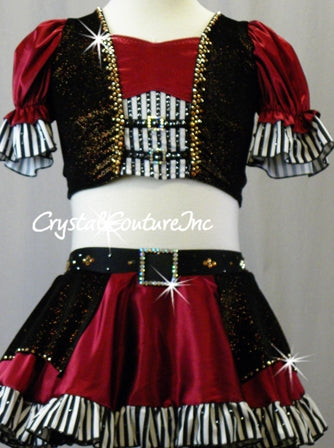 Custom Pirate Inspired Burgundy, Black & White Crop Vest Top & Skirt/Trunk - Swarovski Rhinestones