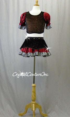 Pirate Inspired Burgundy, Black & White Crop Vest Top & Skirt/Trunk - Swarovski Rhinestones