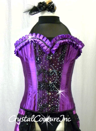 Latin Inspired Purple & Black Corset, Leotard & Tiered Skirt - Swarovski Rhinestones