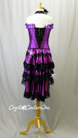 Latin Inspired Purple and Black Corset, Leotard and Tiered Skirt - Swarovski Rhinestones