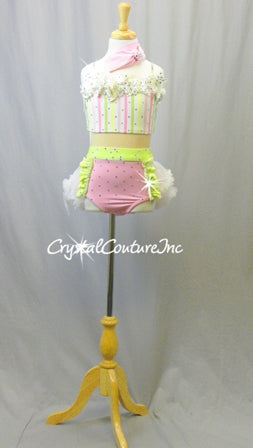 Green, White, and Pink Leotard with Skirt and Flowers - Swarovski Rhinestones