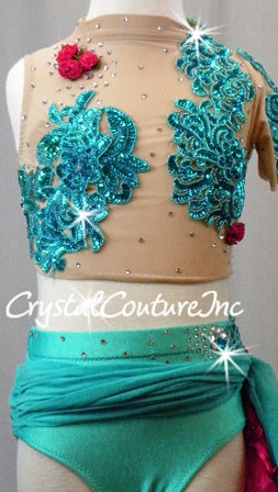 Custom Teal Blue & Nude Sheer Top and Trunk/Skirt - Beaded Appliques & Rhinestones