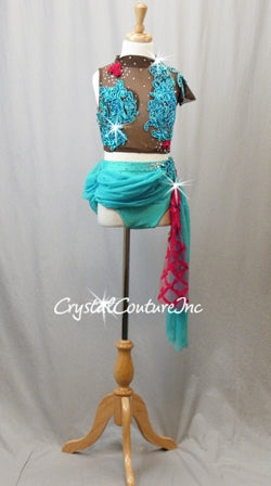 Custom Teal Blue & Brown Sheer Top and Trunk/Skirt - Beaded Appliques & Rhinestones