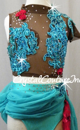 Custom Teal Blue & Brown Sheer Top and Trunk/Skirt - Beaded Appliques & Rhinestones