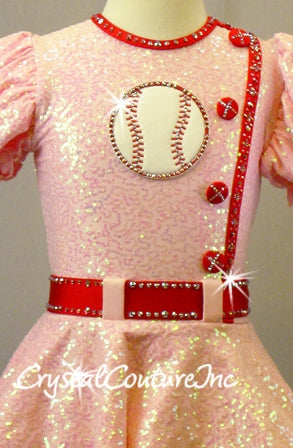 Custom Pink Zsa Zsa Sequin Dress with Red trim & Baseball Patch - Swarovski Rhinestones