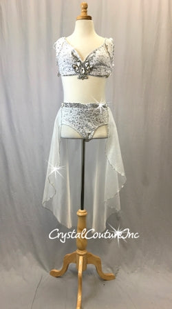 Custom White Floral Lace Top & Trunks/Half Skirt - Swarovski Rhinestones