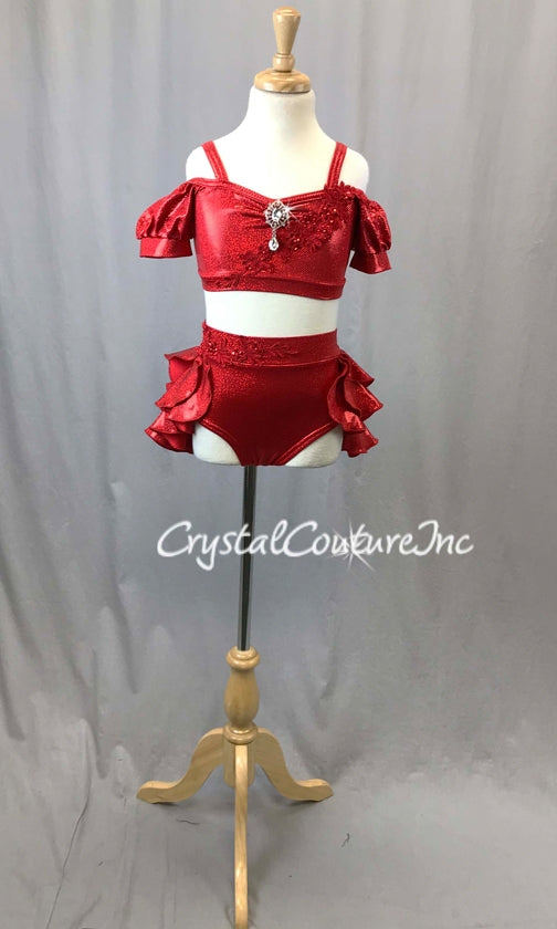 Red Metallic Lycra 2 Piece Crop Top and Briefs/Tiered Back Skirt