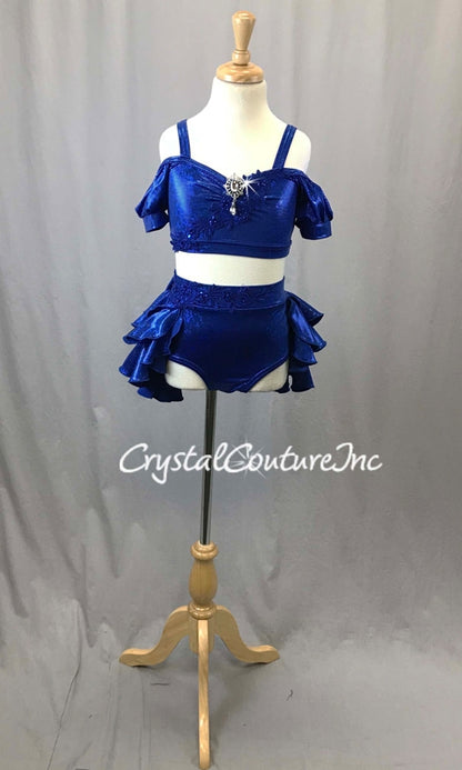 Royal Blue Metallic Lycra 2 Piece Crop Top and Briefs/Tiered Back Skirt