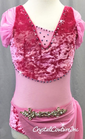 Pink Velour and Mesh Leotard w/Side Skirt - Swarovski Rhinestones