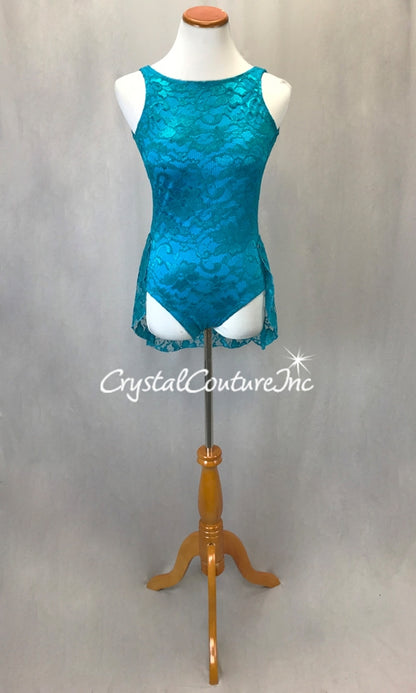 Teal Blue Floral Lace Leotard w/Lace Back Skirt