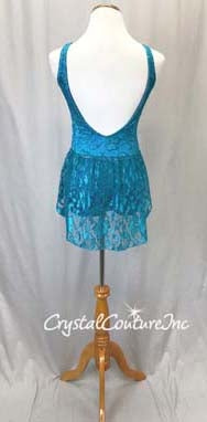 Teal Blue Floral Lace Leotard w/Lace Back Skirt