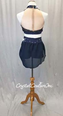 Navy Crop Top and Booty Shorts/Asymmetrical Skirt - Swarovski Rhinestones
