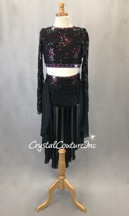 Black Lace & Sequin Top & Trunk/Chiffon Skirt - Rhinestones