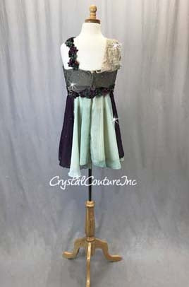 Taupe Top & Short w/Plum, Green, Ivory Empire Waist Skirt - Rhinestones