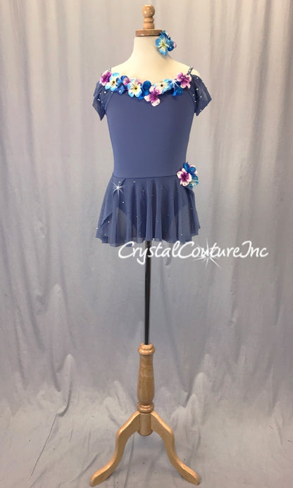 Periwinkle Blue Skirted Leotard with Flowers  -Swarovski Rhinestones