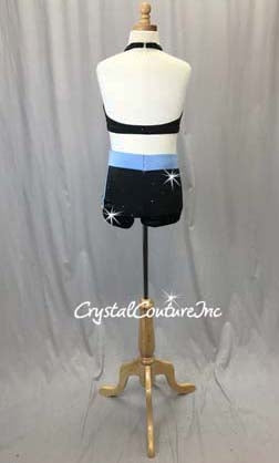 Black with Blue Crop Top and Boy Shorts - Swarovski Rhinestones
