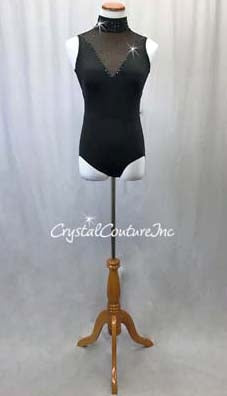 Black High Neck Lycra & Mesh Leotard with Animal Print Jacket - Swarovski Rhinestones