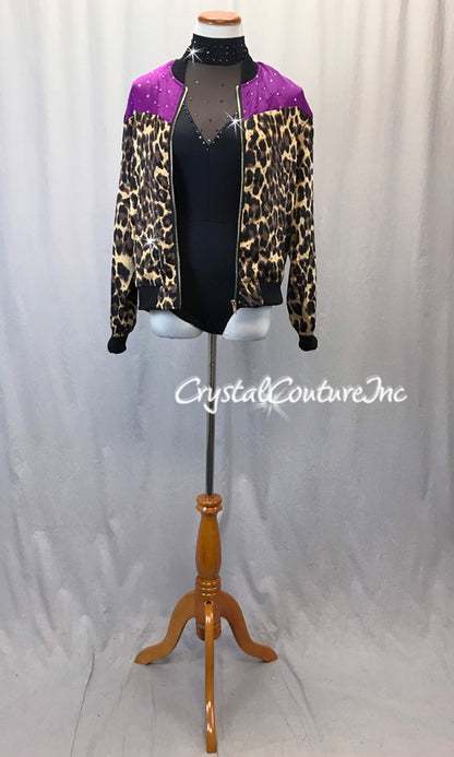 Black High Neck Lycra & Mesh Leotard with Animal Print Jacket - Swarovski Rhinestones