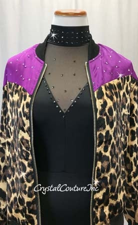 Black High Neck Lycra & Mesh Leotard with Animal Print Jacket - Swarovski Rhinestones