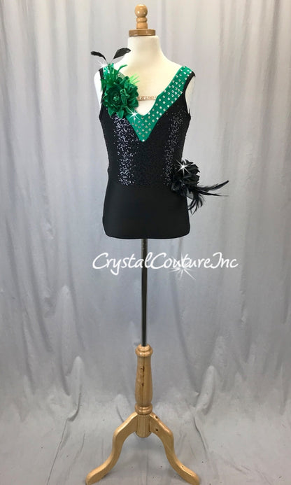 Black Leotard w/Green Accent Trim - Swarovski Rhinestones