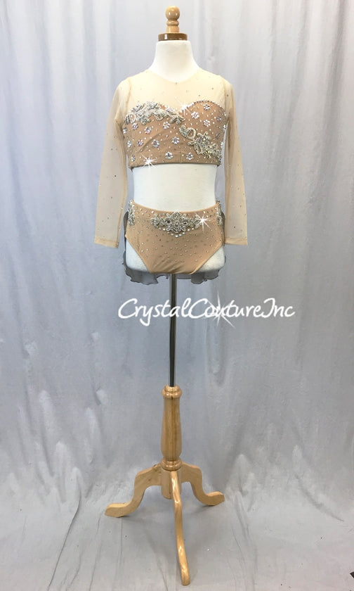 Custom Nude 3/4 Sleeve Crop Top and Briefs w/Lt Grey Back Skirt - Appliques & Swarovski Rhinestones