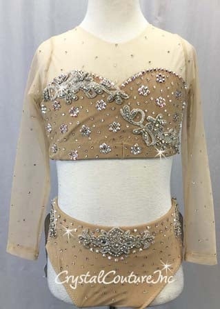 Custom Nude 3/4 Sleeve Crop Top and Briefs w/Lt Grey Back Skirt - Appliques & Swarovski Rhinestones