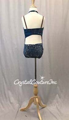 Dark Teal Blue and Shimmery Teal/Gold Velour Connected 2-Piece - Swarovski Rhinestones