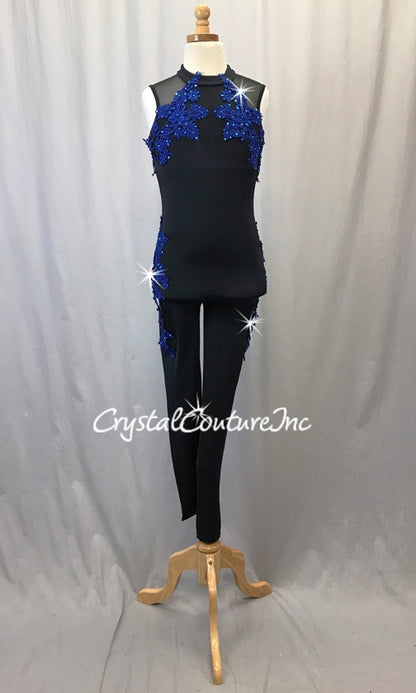 Black Lycra Unitard with Royal Blue Appliques- Swarovski Rhinestones