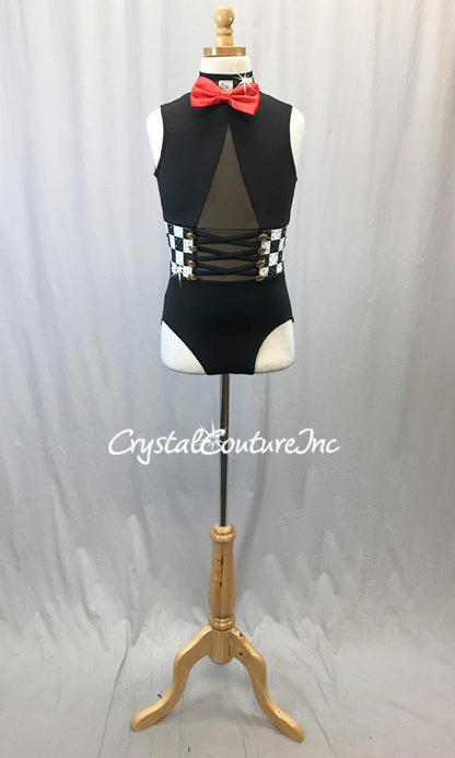 Black Tuxedo Inspired Leotard with Black/White Checkered Print - Swarovski Rhinestones