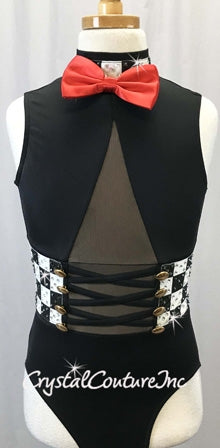 Black Tuxedo Inspired Leotard with Black/White Checkered Print - Swarovski Rhinestones