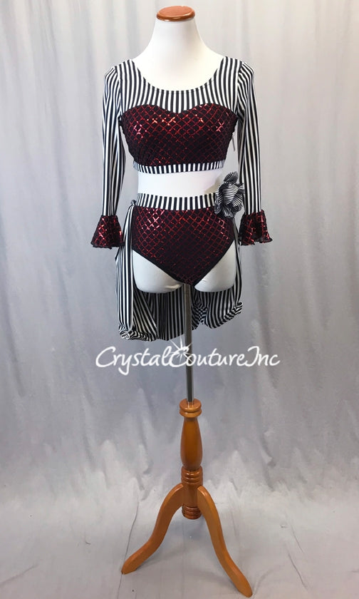Black, White and Red Piece Crop Top and Briefs w/Back Skirt
