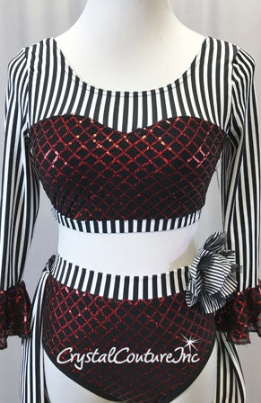 Black, White and Red Piece Crop Top and Briefs w/Back Skirt