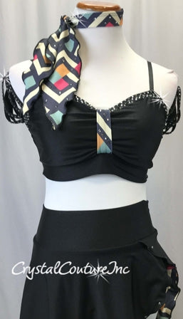 Black Lycra 2-Piece Bra Top and Skirt w/Geometric Print Lining - Rhinestones