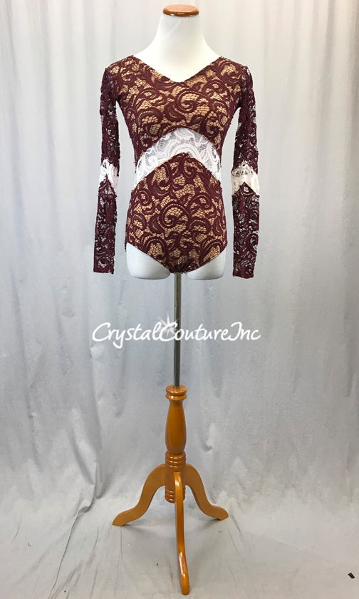 Burgundy Paisley Open Lace Leotard with Nude Lining