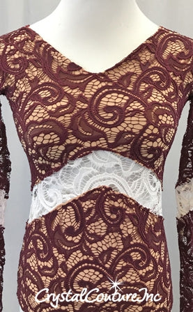 Burgundy Paisley Open Lace Leotard with Nude Lining