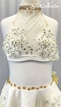 Ivory 2-Pice Bra Top and Asymmetrical Skirt w/ Appliques and Flowers - Swarovski Rhinestones