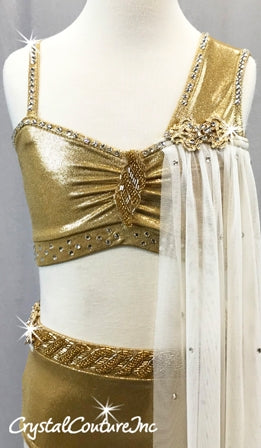 Shimmery Gold Top and Trunk with White Sheer Mesh Draping & Skirt - Rhinestones