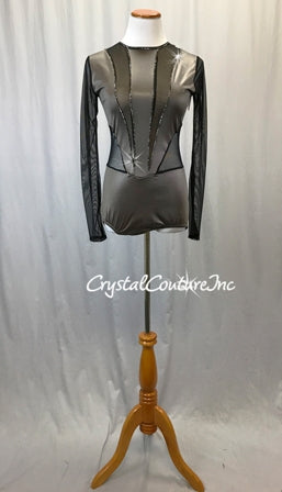 Taupe Lycra and Black Sheer Mesh Long Sleeve Leotard - Swarovski Rhinestones