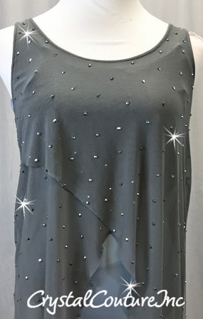 Gray Mesh Asymmetrical Tunic Dress w/Grey Leotard - Swarovski Rhinestones