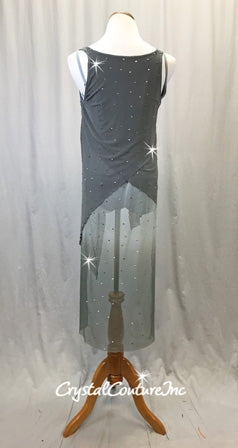 Gray Mesh Asymmetrical Tunic Dress w/Grey Leotard - Swarovski Rhinestones