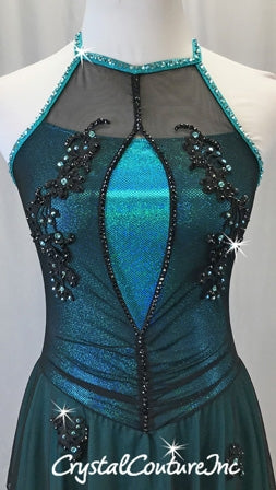 Teal Blue Metallic Lycra and Black Mesh Dress w/Black Appliques - Swarovski Rhinestones