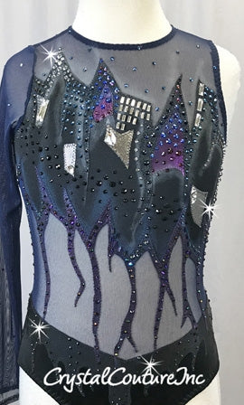 Custom Hand painted Navy Mesh & Black Lycra Leotard - Swarovski Rhinestones