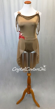 Taupe Lycra and Mesh Dress w/Half Skirt and Red Appliques- Swarovski Rhinestones