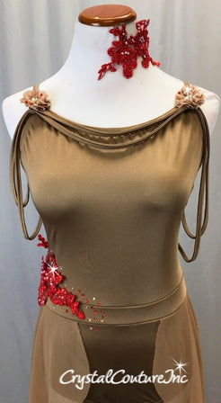 Taupe Lycra and Mesh Dress w/Half Skirt and Red Appliques- Swarovski Rhinestones
